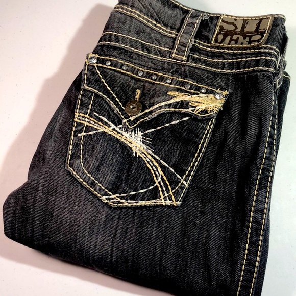 RETRO VINTAGE SILVER MCKENZIE JEANS SLIM BOOTCUT JEANS 33x34 BLACKWASH & GEMS 💎